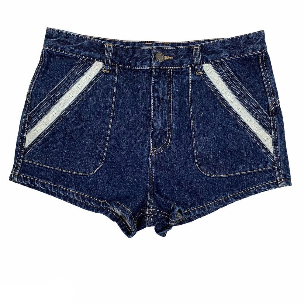 Free People Sweet Surrender Denim‎ Shorts Size 30 Blue Lace Detail Boho SS-133